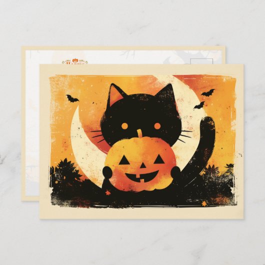 Retro Black Cat mit Jack O' Lantern Postkarte (Vorne/Hinten)