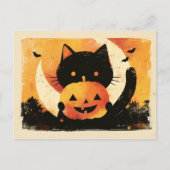 Retro Black Cat mit Jack O' Lantern Postkarte (Vorderseite)