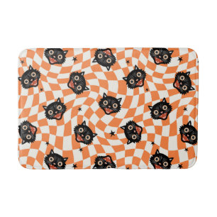 Retro Black Cat Orange Karo Muster Badematte