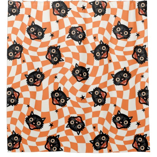 Retro Black Cat Orange Karo Muster Duschvorhang (Vorderseite)