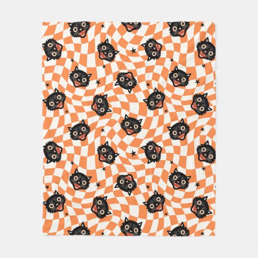 Retro Black Cat Orange Karo Muster Fleecedecke (Vorderseite)