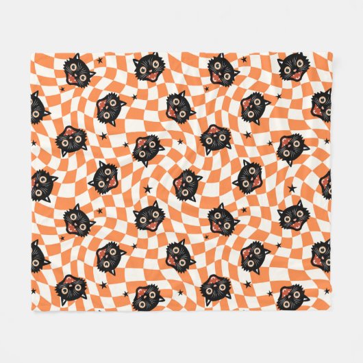 Retro Black Cat Orange Karo Muster Fleecedecke (Vorderseite (Horizontal))
