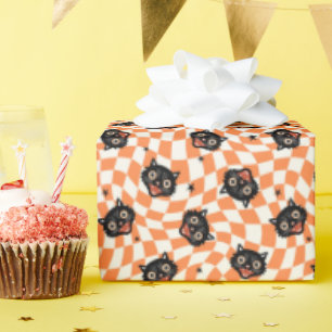 Retro Black Cat Orange Karo Muster Geschenkpapier