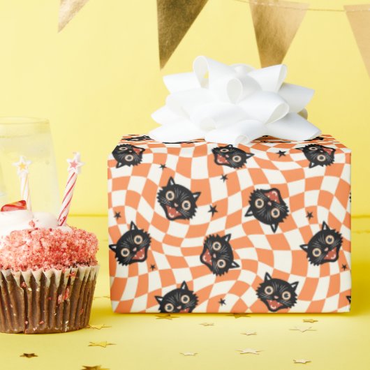 Retro Black Cat Orange Karo Muster Geschenkpapier (Geburtstagsparty)