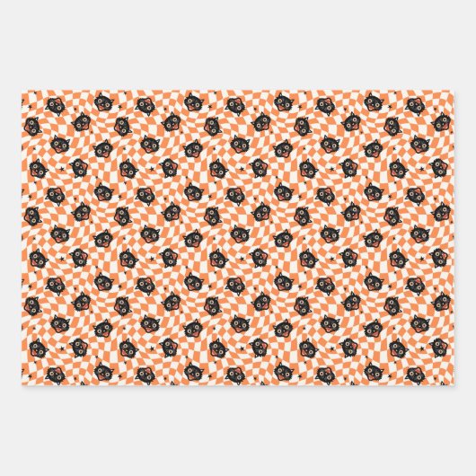 Retro Black Cat Orange Karo Muster Geschenkpapier Set (Vorderseite 3)