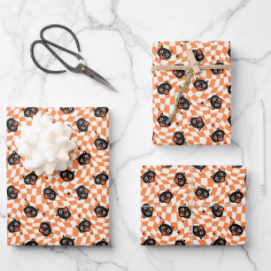 Retro Black Cat Orange Karo Muster Geschenkpapier Set