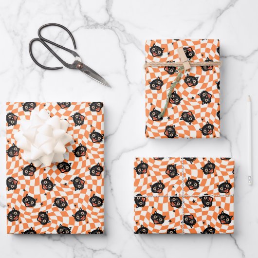 Retro Black Cat Orange Karo Muster Geschenkpapier Set (Vorderseite)