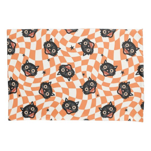 Retro Black Cat Orange Karo Muster Kissenbezug (Vorderseite)