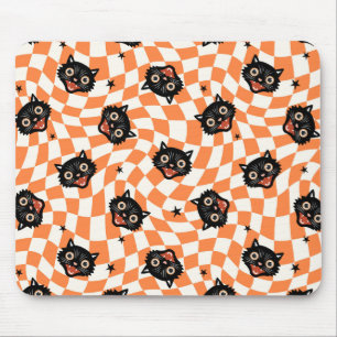 Retro Black Cat Orange Karo Muster Mousepad