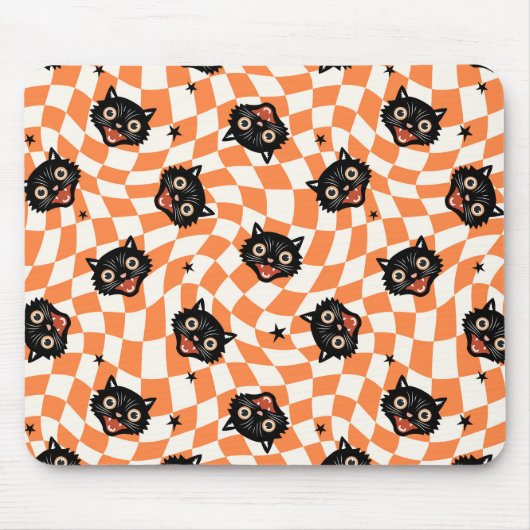 Retro Black Cat Orange Karo Muster Mousepad (Vorne)