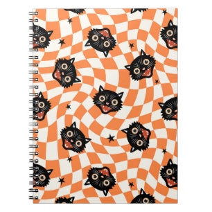 Retro Black Cat Orange Karo Muster Notizblock