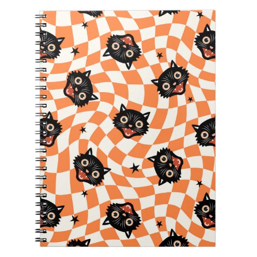 Retro Black Cat Orange Karo Muster Notizblock (Vorderseite)
