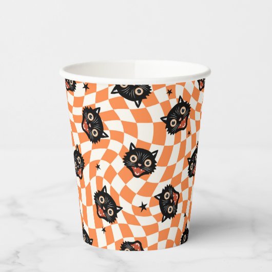 Retro Black Cat Orange Karo Muster Pappbecher (Links)