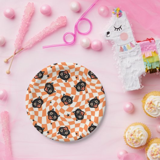 Retro Black Cat Orange Karo Muster Pappteller (Party)