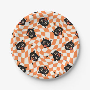 Retro Black Cat Orange Karo Muster Pappteller
