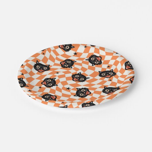 Retro Black Cat Orange Karo Muster Pappteller (Schrägansicht)