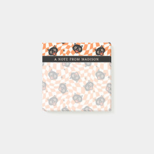 Retro Black Cat Orange Karo Muster Post-it Klebezettel
