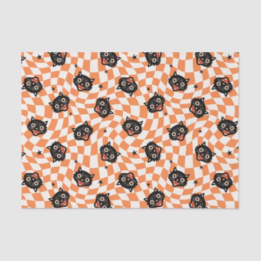 Retro Black Cat Orange Karo Muster Seidenpapier (Vorderseite)