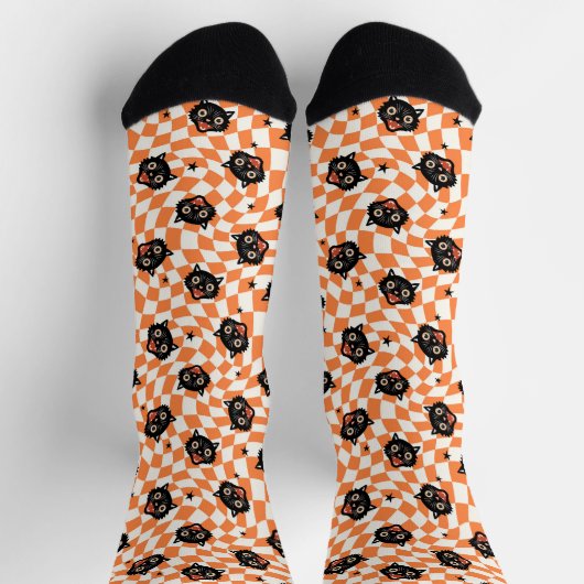 Retro Black Cat Orange Karo Muster Socken (Oben)