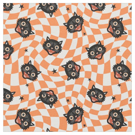 Retro Black Cat Orange Karo Muster Stoff (Nahaufnahme)