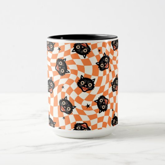 Retro Black Cat Orange Karo Muster Tasse (Zentrum)