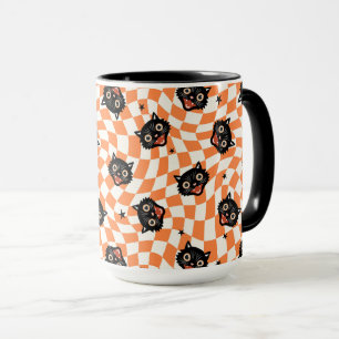 Retro Black Cat Orange Karo Muster Tasse