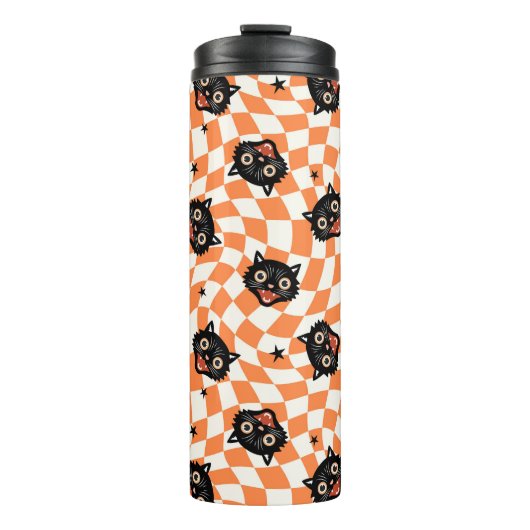 Retro Black Cat Orange Karo Muster Thermosbecher (Vorderseite)