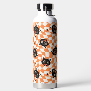 Retro Black Cat Orange Karo Muster Trinkflasche