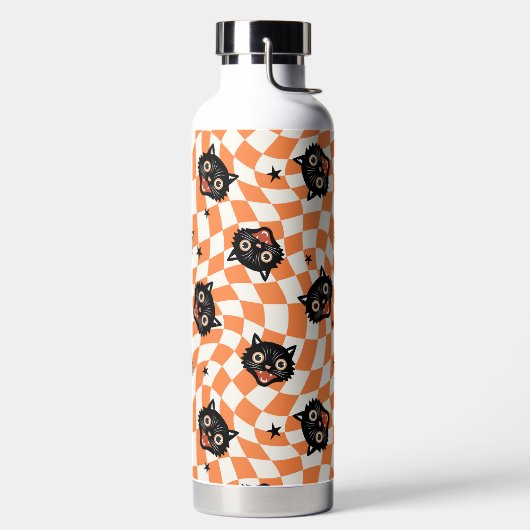 Retro Black Cat Orange Karo Muster Trinkflasche (links)