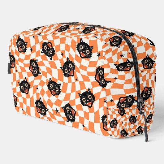 Retro Black Cat Orange Karo Muster Waschbeutel (Rechte Ecke)