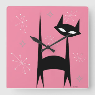 Retro Black Cat Pink Pop Art Clock Quadratische Wanduhr