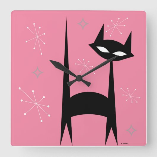 Retro Black Cat Pink Pop Art Clock Quadratische Wanduhr (Vorderseite)