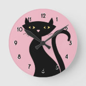 Retro Black Cat pink Runde Wanduhr (Vorderseite)