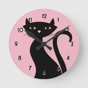 Retro Black Cat pink Runde Wanduhr