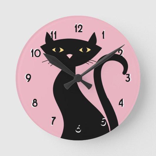 Retro Black Cat pink Runde Wanduhr (Vorderseite)