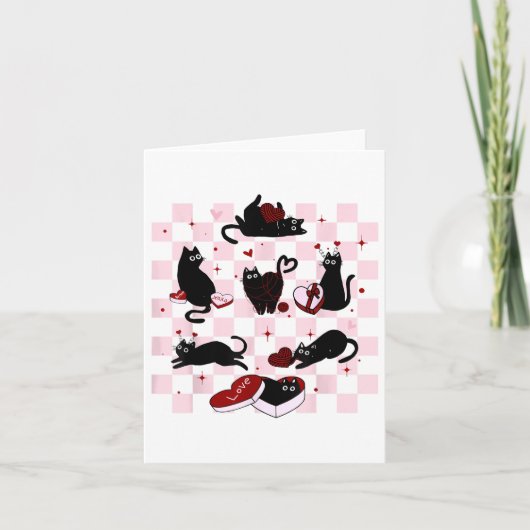 Retro Black Cat Playing Valentinstag Cat K Karte (Vorderseite)