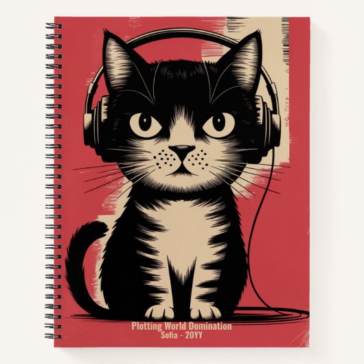 Retro Black Cat, Plotting World Domination, Funny Notizblock (Vorderseite)