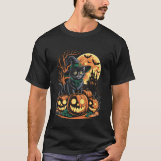 Retro Black Cat Witch Scary Halloween Pumpkin Wome T-Shirt