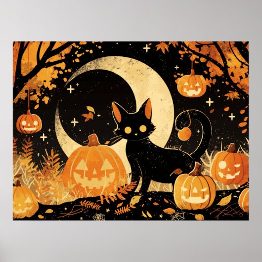Retro Black Cat with Jack-o’-Lanterns Poster (Vorne)