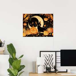 Retro Black Cat with Jack-o’-Lanterns Poster