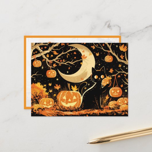 Retro Black Cat with Jack-o’-Lanterns Postkarte (Vorderseite/Rückseite Beispiel)