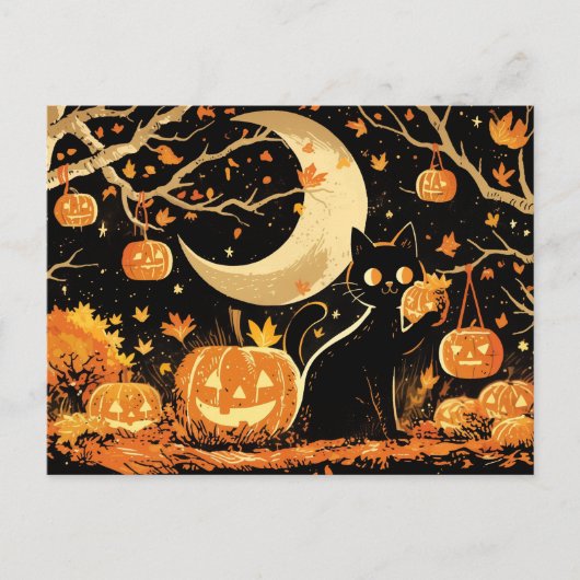 Retro Black Cat with Jack-o’-Lanterns Postkarte (Vorderseite)