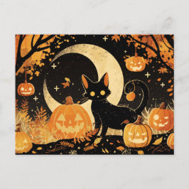 Retro Black Cat with Jack-o’-Lanterns Postkarte