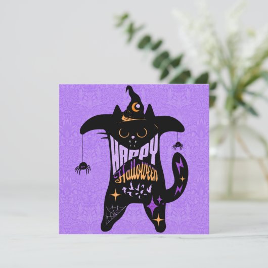 Retro Black Cat Witz Funny Halloween Card (Stehend Vorderseite)