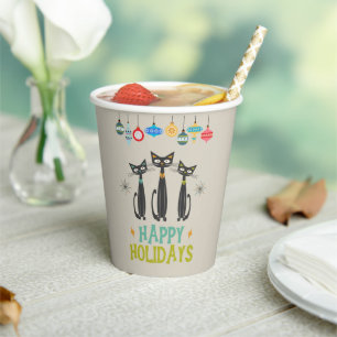 Retro Black Cats & Ornaments Weihnachten Pappbecher