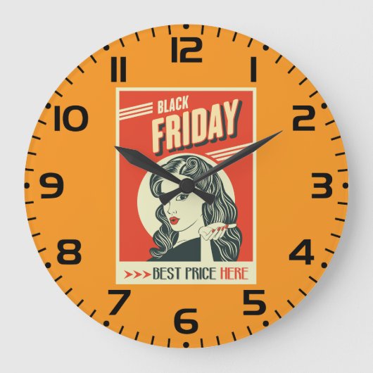 Retro Black Friday Pop Art Pin-Up Girl Große Wanduhr (Vorderseite)