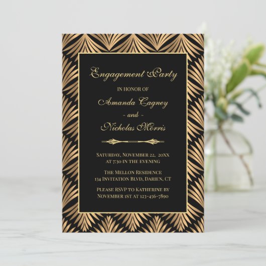 Retro Black Gold Art Deco Gatsby Engagement Party Einladung (Stehend Vorderseite)