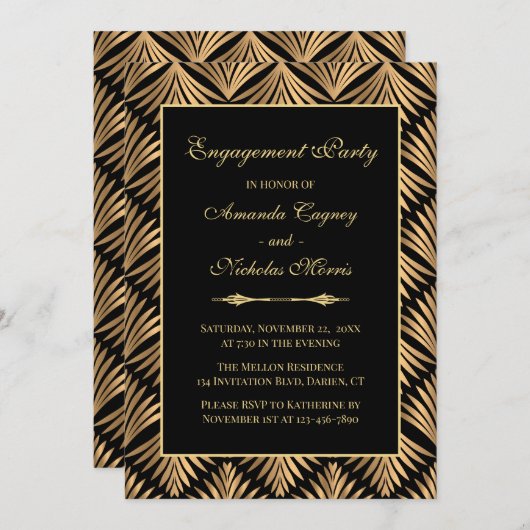 Retro Black Gold Art Deco Gatsby Engagement Party Einladung (Vorne/Hinten)