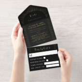 Retro Black Golden Sunbursts Monogram Wedding All-in-One-Einladung (Abreißstreifen)