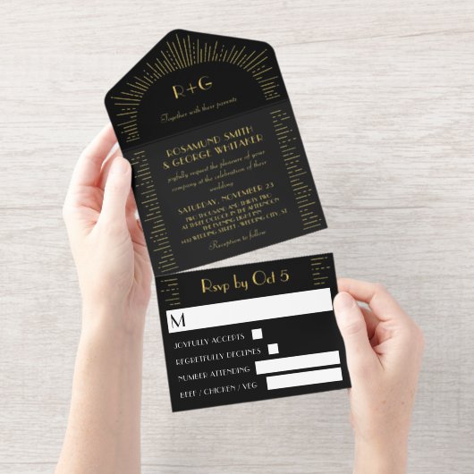 Retro Black Golden Sunbursts Monogram Wedding All-in-One-Einladung (Abreißstreifen)